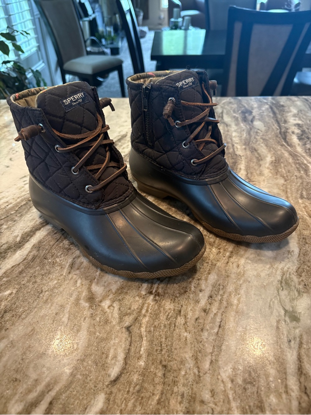 Sperry Quilted Black Duck Boots with Brown Laces